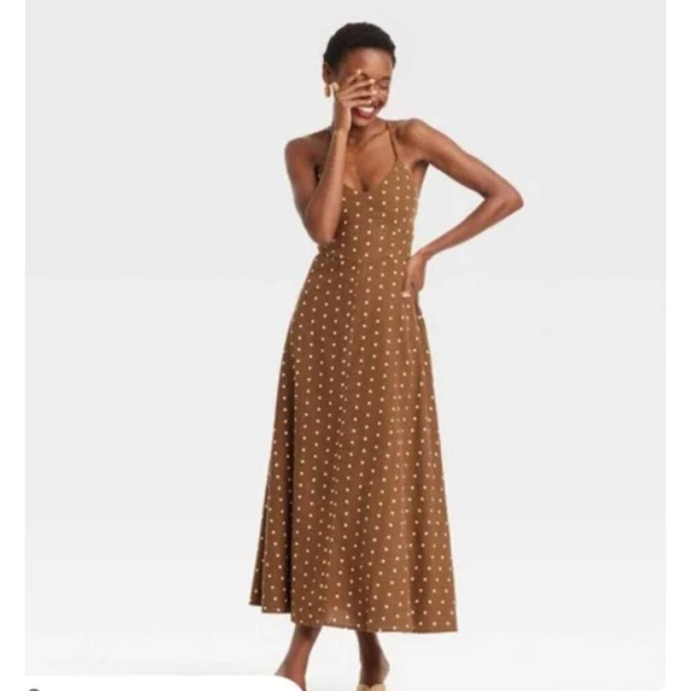 a new day Brown Polka Dot Midi Dress